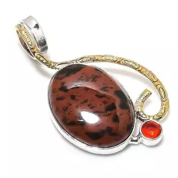 Natural Mahogany Obsidian,Garnet 925 Sterling Silver Two Tone Pendant 1.97 d9Y80