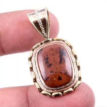 Natural Mahogany Obsidian Gemstone 925 Solid Silver Two Tone Pendant 1.5 A5Y47