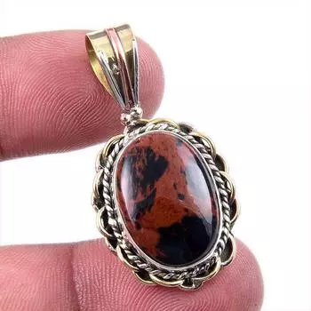Natural Mahogany Obsidian Gemstone 925 Solid Silver Two Tone Pendant 1.50 F0Z07