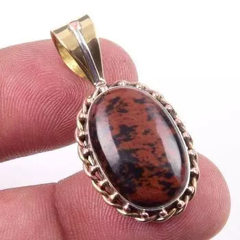 Natural Mahogany Obsidian Gemstone 925 Solid Silver Two Tone Pendant 1.25 g8W65