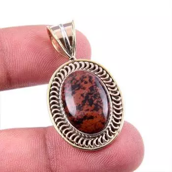 Natural Mahogany Obsidian Gemstone 925 Solid Silver Two Tone Pendant 1.5 L9m34