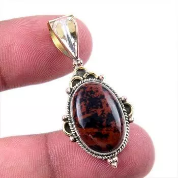 Natural Mahogany Obsidian Gemstone 925 Solid Silver Two Tone Pendant 1.50 V2w47