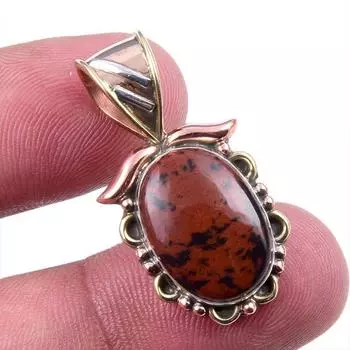 Natural Mahogany Obsidian Gemstone 925 Solid Silver Two Tone Pendant 1.25 W0C03