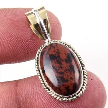 Natural Mahogany Obsidian Gemstone 925 Solid Silver Two Tone Pendant 1.25 J1p94