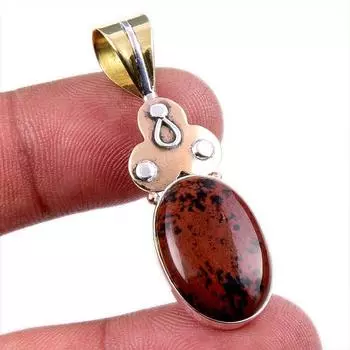 Natural Mahogany Obsidian Gemstone 925 Solid Silver Two Tone Pendant 1.75 J0Y46