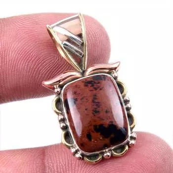 Natural Mahogany Obsidian Gemstone 925 Solid Silver Two Tone Pendant 1.25 F2r10