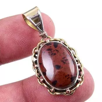 Natural Mahogany Obsidian Gemstone 925 Solid Silver Two Tone Pendant 1.50 W2H86