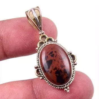 Natural Mahogany Obsidian Gemstone 925 Solid Silver Two Tone Pendant 1.50 t0S34