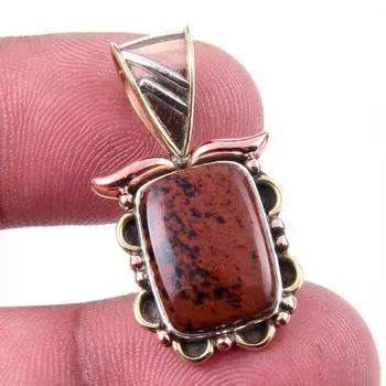 Natural Mahogany Obsidian Gemstone 925 Solid Silver Two Tone Pendant 1.25 d1V54