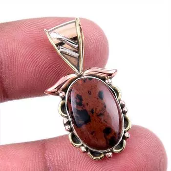 Natural Mahogany Obsidian Gemstone 925 Solid Silver Two Tone Pendant 1.25 J8Z42