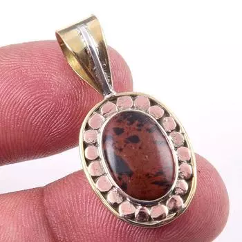 Natural Mahogany Obsidian Gemstone 925 Solid Silver Two Tone Pendant 1.25 L5A79