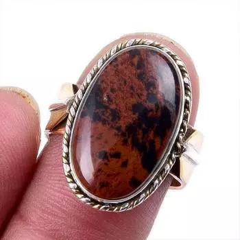 Natural Mahogany Obsidian Gemstone 925 Solid Silver Two Tone Ring Size 7US R4Z06