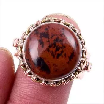 Natural Mahogany Obsidian Gemstone 925 Solid Silver Two Tone Ring Size 9US M9U84