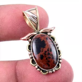 Natural Mahogany Obsidian Gemstone 925 Solid Silver Two Tone Pendant 1.25 l2F75