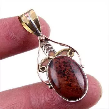 Natural Mahogany Obsidian Gemstone 925 Solid Silver Two Tone Pendant 1.5 H8c68