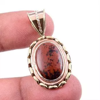 Natural Mahogany Obsidian Gemstone 925 Solid Silver Two Tone Pendant 1.5 M0E38