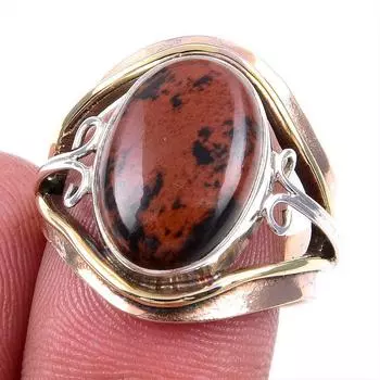 Natural Mahogany Obsidian Gemstone 925 Solid Silver Two Tone Ring S.6.5US j6y81