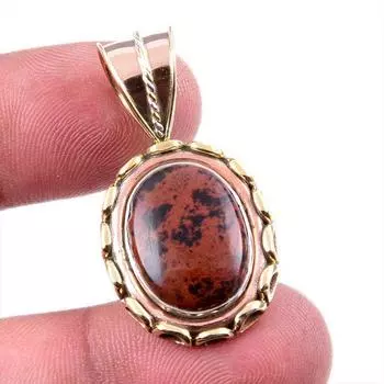 Natural Mahogany Obsidian Gemstone 925 Solid Silver Two Tone Pendant 1.5 j0s02