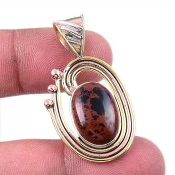Natural Mahogany Obsidian Gemstone 925 Solid Silver Two Tone Pendant 1.50 d6M74