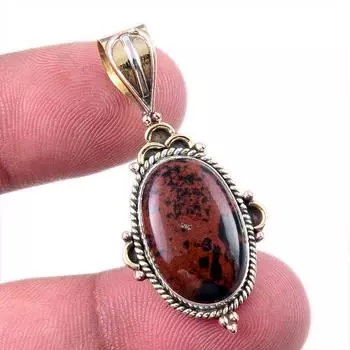 Natural Mahogany Obsidian Gemstone 925 Solid Silver Two Tone Pendant 1.50 V5E67