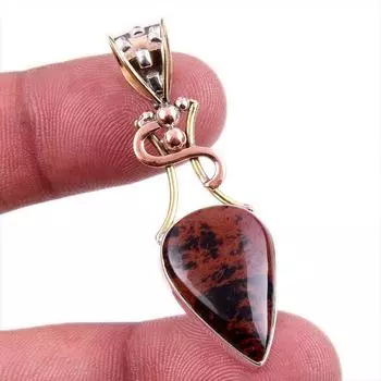 Natural Mahogany Obsidian Gemstone 925 Solid Silver Two Tone Pendant 1.75 u0J78