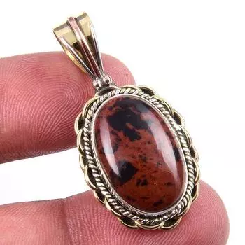 Natural Mahogany Obsidian Gemstone 925 Solid Silver Two Tone Pendant 1.50 h4w60
