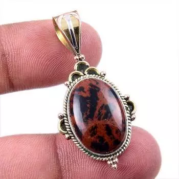 Natural Mahogany Obsidian Gemstone 925 Solid Silver Two Tone Pendant 1.50 L0z47