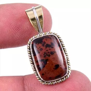 Natural Mahogany Obsidian Gemstone 925 Solid Silver Two Tone Pendant 1.25 d1B97