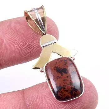 Natural Mahogany Obsidian Gemstone 925 Solid Silver Two Tone Pendant 1.50 j1Y49