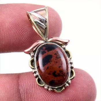 Natural Mahogany Obsidian Gemstone 925 Solid Silver Two Tone Pendant 1.25 k3n95