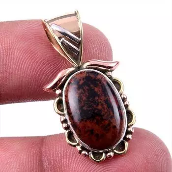Natural Mahogany Obsidian Gemstone 925 Solid Silver Two Tone Pendant 1.25 s4v12