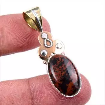 Natural Mahogany Obsidian Gemstone 925 Solid Silver Two Tone Pendant 1.75 j0s98