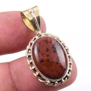 Natural Mahogany Obsidian Gemstone 925 Solid Silver Two Tone Pendant 1.25 o5d69