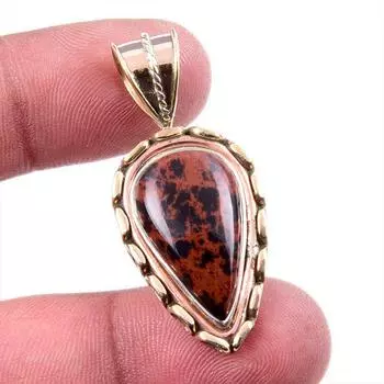 Natural Mahogany Obsidian Gemstone 925 Solid Silver Two Tone Pendant 1.75 F1J16