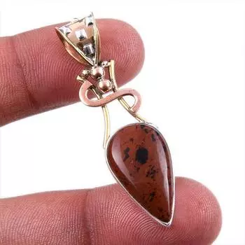 Natural Mahogany Obsidian Gemstone 925 Solid Silver Two Tone Pendant 1.75 i9s23