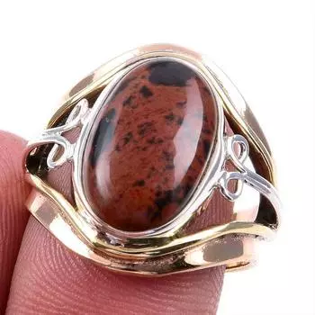 Natural Mahogany Obsidian Gemstone 925 Solid Silver Two Tone Ring Size 7US G4f18