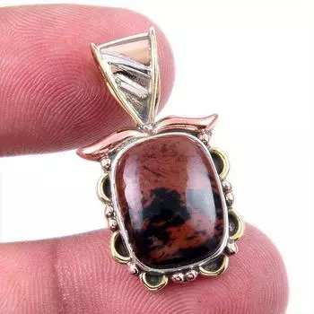 Natural Mahogany Obsidian Gemstone 925 Solid Silver Two Tone Pendant 1.25 c3l04