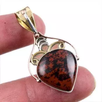 Natural Mahogany Obsidian Gemstone 925 Solid Silver Two Tone Pendant 1.5 i9c72