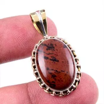 Natural Mahogany Obsidian Gemstone 925 Solid Silver Two Tone Pendant 1.5 j1u68