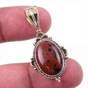 Natural Mahogany Obsidian Gemstone 925 Solid Silver Two Tone Pendant 1.50 N0B66