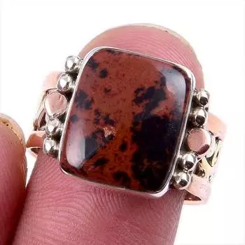 Natural Mahogany Obsidian Gemstone 925 Solid Silver Two Tone Ring Size 8US g2v18