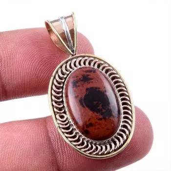 Natural Mahogany Obsidian Gemstone 925 Solid Silver Two Tone Pendant 1.50 J7G93