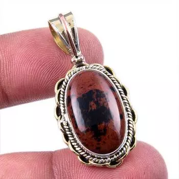 Natural Mahogany Obsidian Gemstone 925 Solid Silver Two Tone Pendant 1.50 d7c54