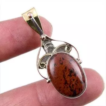Natural Mahogany Obsidian Gemstone 925 Solid Silver Two Tone Pendant 1.75 E8t26