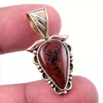 Natural Mahogany Obsidian Gemstone 925 Solid Silver Two Tone Pendant 1.25 l0s09
