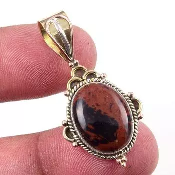 Natural Mahogany Obsidian Gemstone 925 Solid Silver Two Tone Pendant 1.50 z1U13