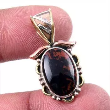 Natural Mahogany Obsidian Gemstone 925 Solid Silver Two Tone Pendant 1.25 m9v24