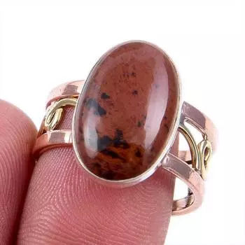 Natural Mahogany Obsidian Gemstone 925 Solid Silver Two Tone Ring S.9.5US p4g46