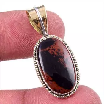 Natural Mahogany Obsidian Gemstone 925 Solid Silver Two Tone Pendant 1.25 Z8M04
