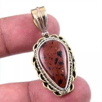 Natural Mahogany Obsidian Gemstone 925 Solid Silver Two Tone Pendant 1.50 A1G30